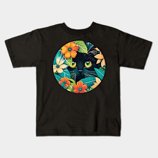 Black Cat Filled With Flowers - Floral Kitty Kids T-Shirt